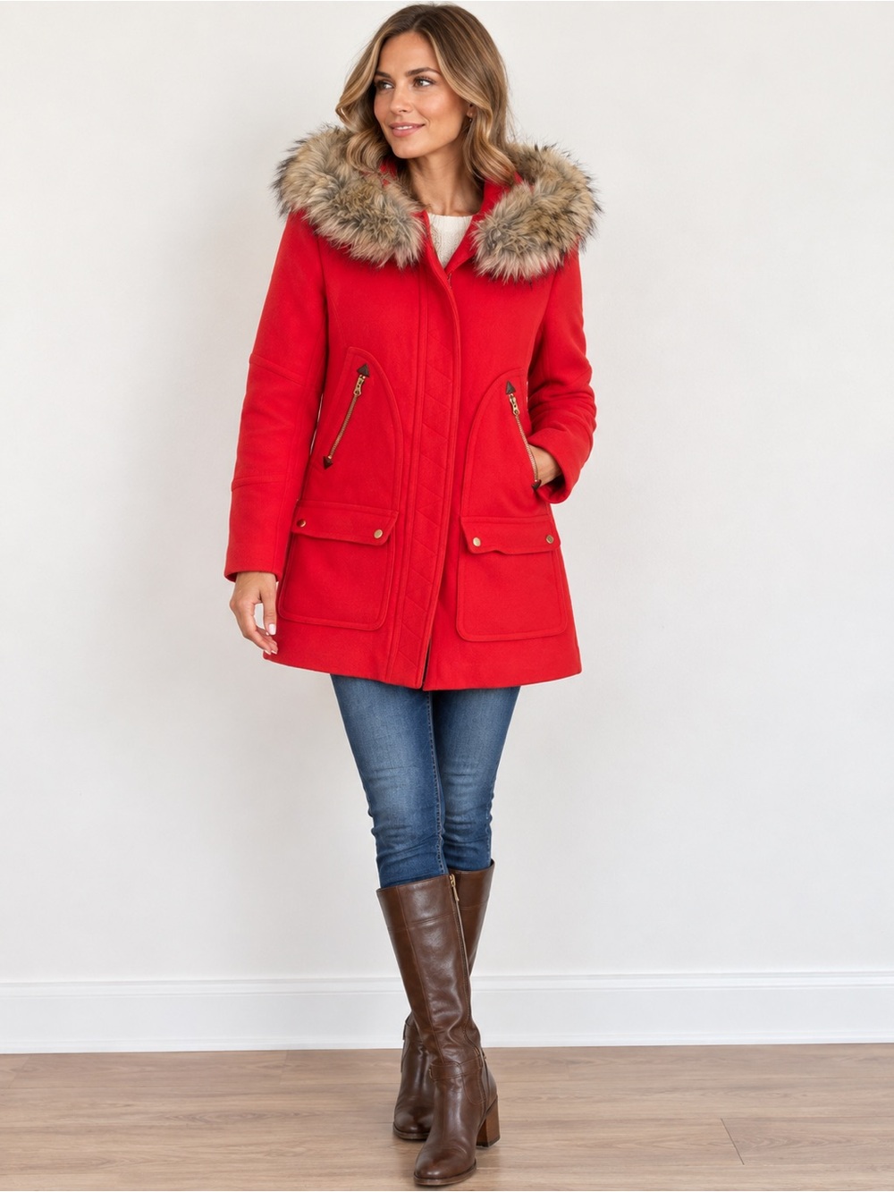 J. Crew Coral Red Wool-Blend Stadium Cloth Pea Coat with Faux-Fur Hood Trim